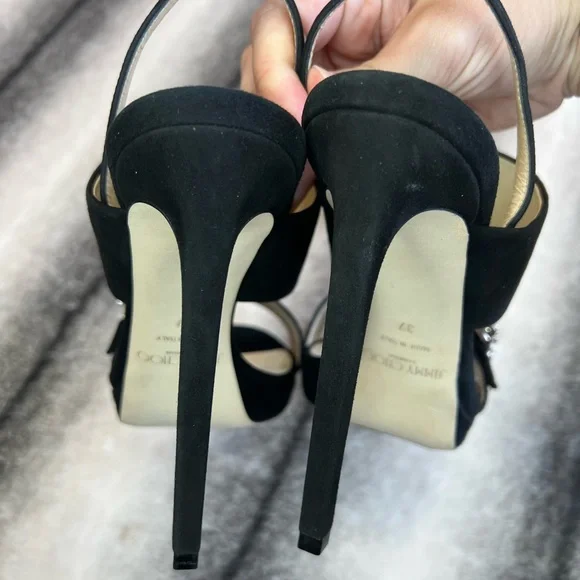 Jimmy Choo Saphie 120 mm Crystal Charm Black Suede Platform Heels - Picture 2 of 10